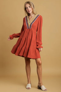 Crochet Embroidery Tiered Dress - Rust