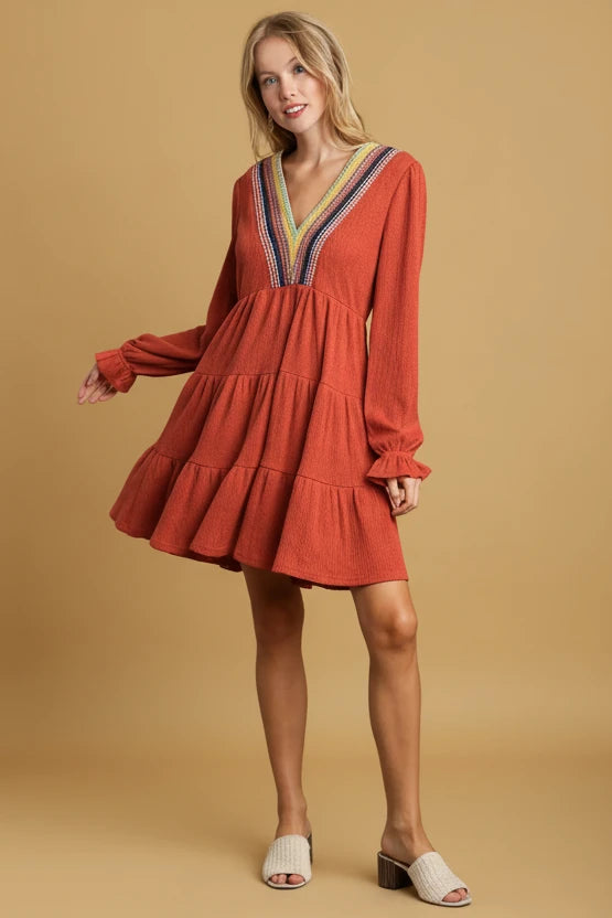Crochet Embroidery Tiered Dress - Rust