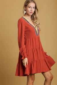 Crochet Embroidery Tiered Dress - Rust