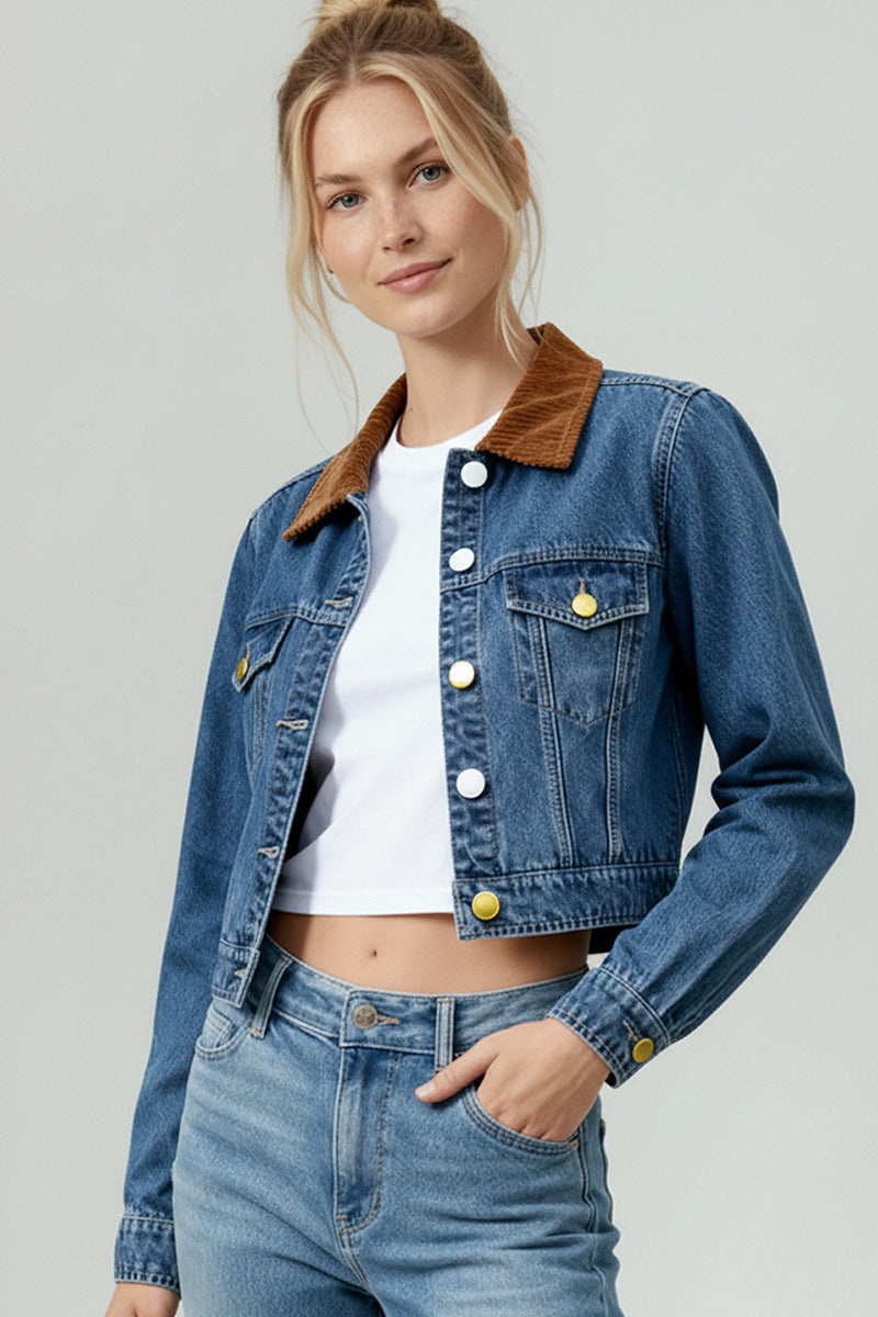 Corduroy Collar Button Down Denim Jacket
