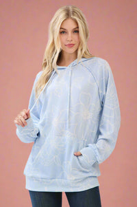 Textured Floral Hooded Pullover - Light Blue
