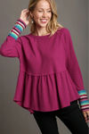 Waffle Knit & Multi Color Trim Top - Magenta