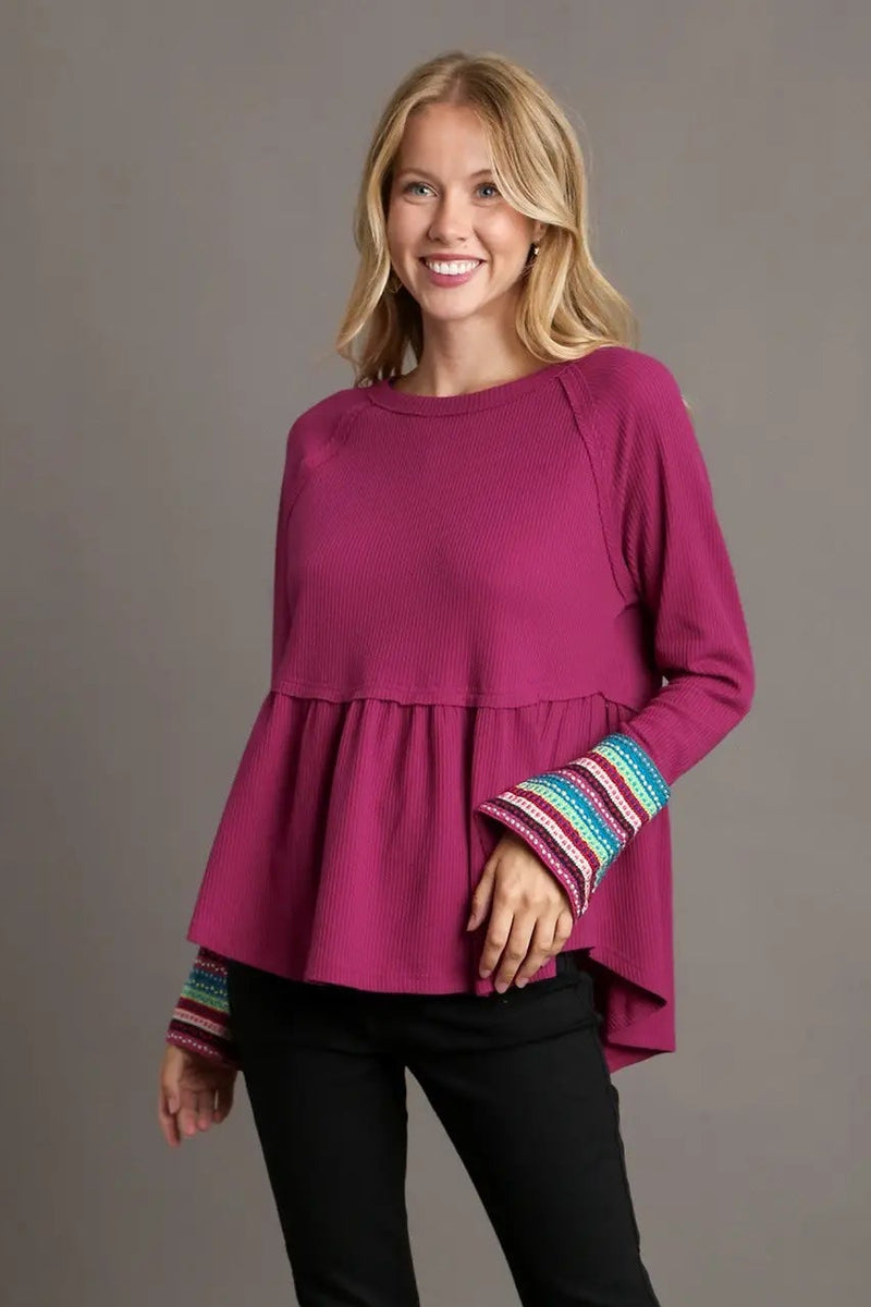 Waffle Knit & Multi Color Trim Top - Magenta