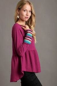 Waffle Knit & Multi Color Trim Top - Magenta