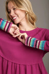 Waffle Knit & Multi Color Trim Top - Magenta