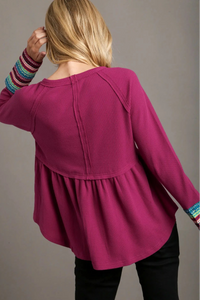 Waffle Knit & Multi Color Trim Top - Magenta