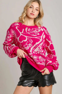 Floral Knit Pullover Sweater - Hot Pink