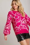 Floral Knit Pullover Sweater - Hot Pink