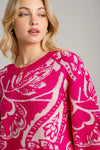 Floral Knit Pullover Sweater - Hot Pink