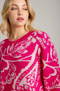 Floral Knit Pullover Sweater - Hot Pink