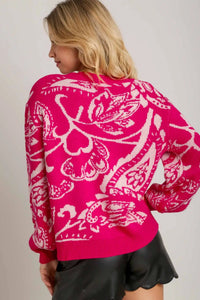 Floral Knit Pullover Sweater - Hot Pink