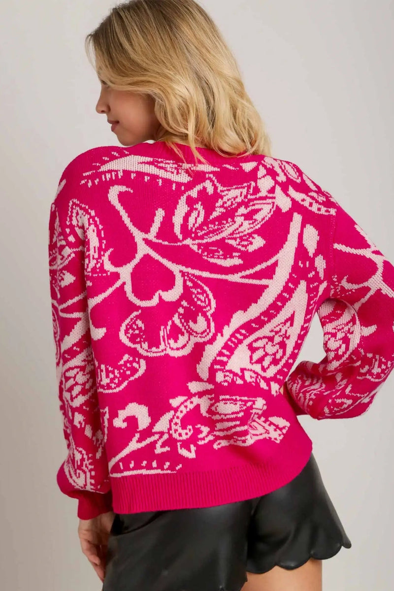 Floral Knit Pullover Sweater - Hot Pink