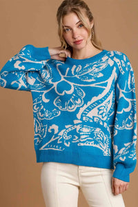 Floral Knit Pullover Sweater - Turquoise
