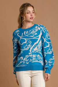 Floral Knit Pullover Sweater - Turquoise