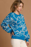 Floral Knit Pullover Sweater - Turquoise