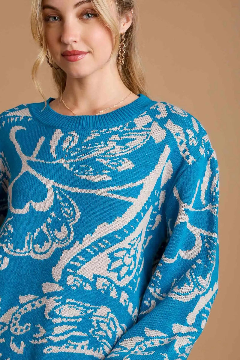 Floral Knit Pullover Sweater - Turquoise