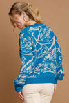 Floral Knit Pullover Sweater - Turquoise