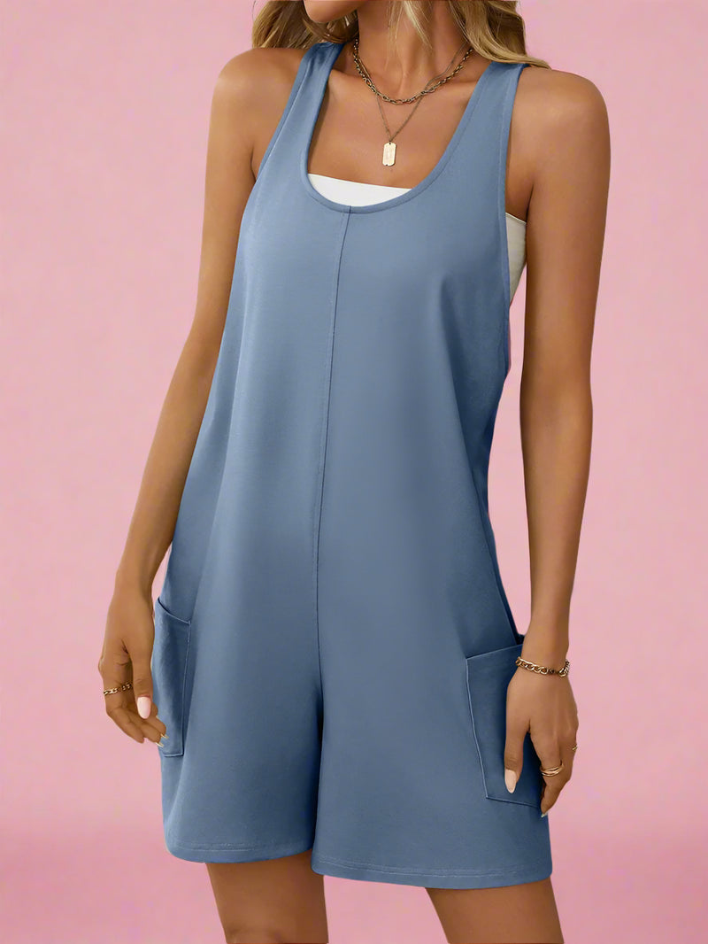 Solid Halter Neck Romper - Denim