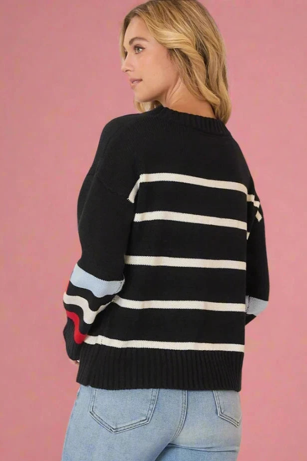 Striped Round Neck Sweater - Black