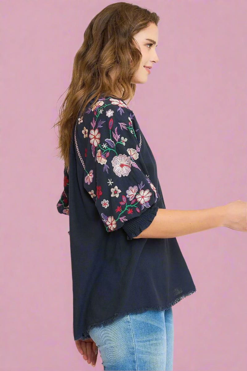 Linen Split Neck Embroidery Top - Navy