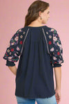 Linen Split Neck Embroidery Top - Navy