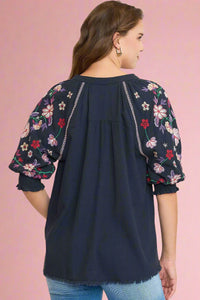 Linen Split Neck Embroidery Top - Navy
