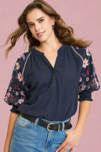Linen Split Neck Embroidery Top - Navy