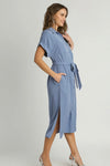 Collared Button Down Midi Dress - Blue
