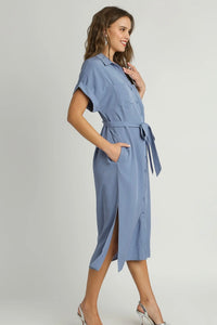 Collared Button Down Midi Dress - Blue