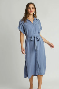 Collared Button Down Midi Dress - Blue