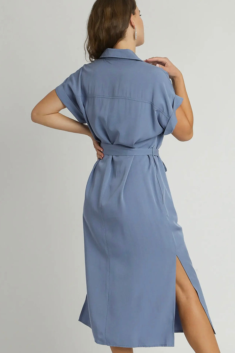 Collared Button Down Midi Dress - Blue