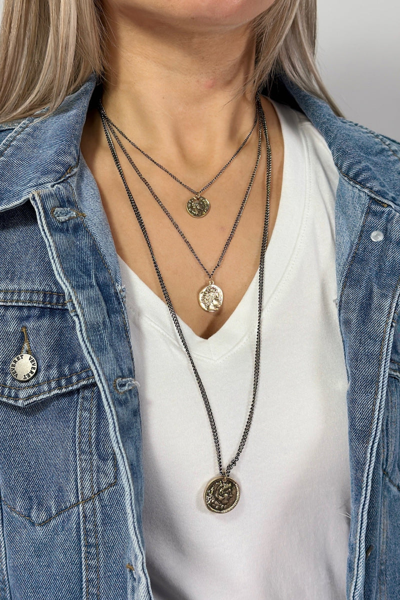 Three Strand Coin Necklace - Black