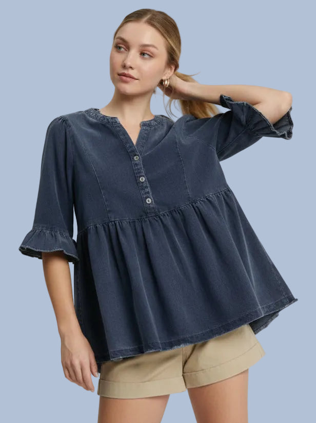Peplum 3/4 Sleeve Top - Navy
