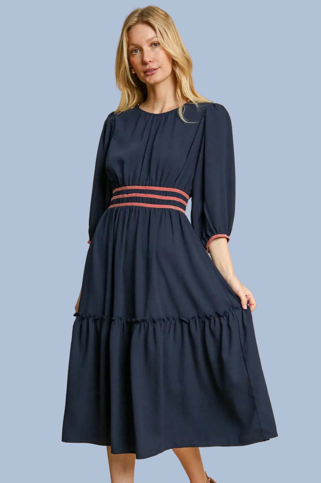 Velvet Detail Midi Dress - Navy