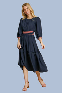 Velvet Detail Midi Dress - Navy