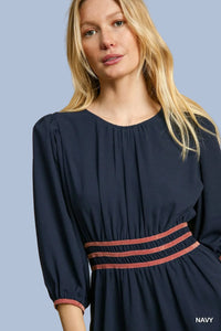 Velvet Detail Midi Dress - Navy