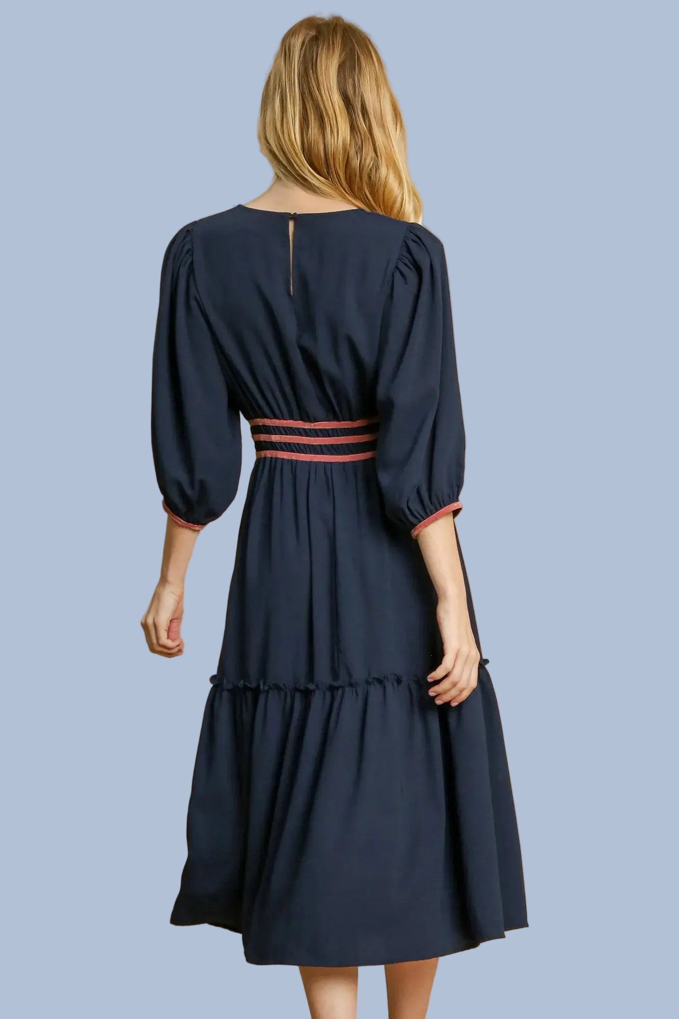 Velvet Detail Midi Dress - Navy