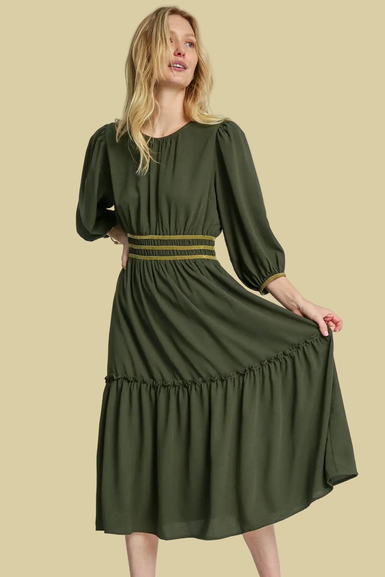 Velvet Detail Midi Dress - Olive