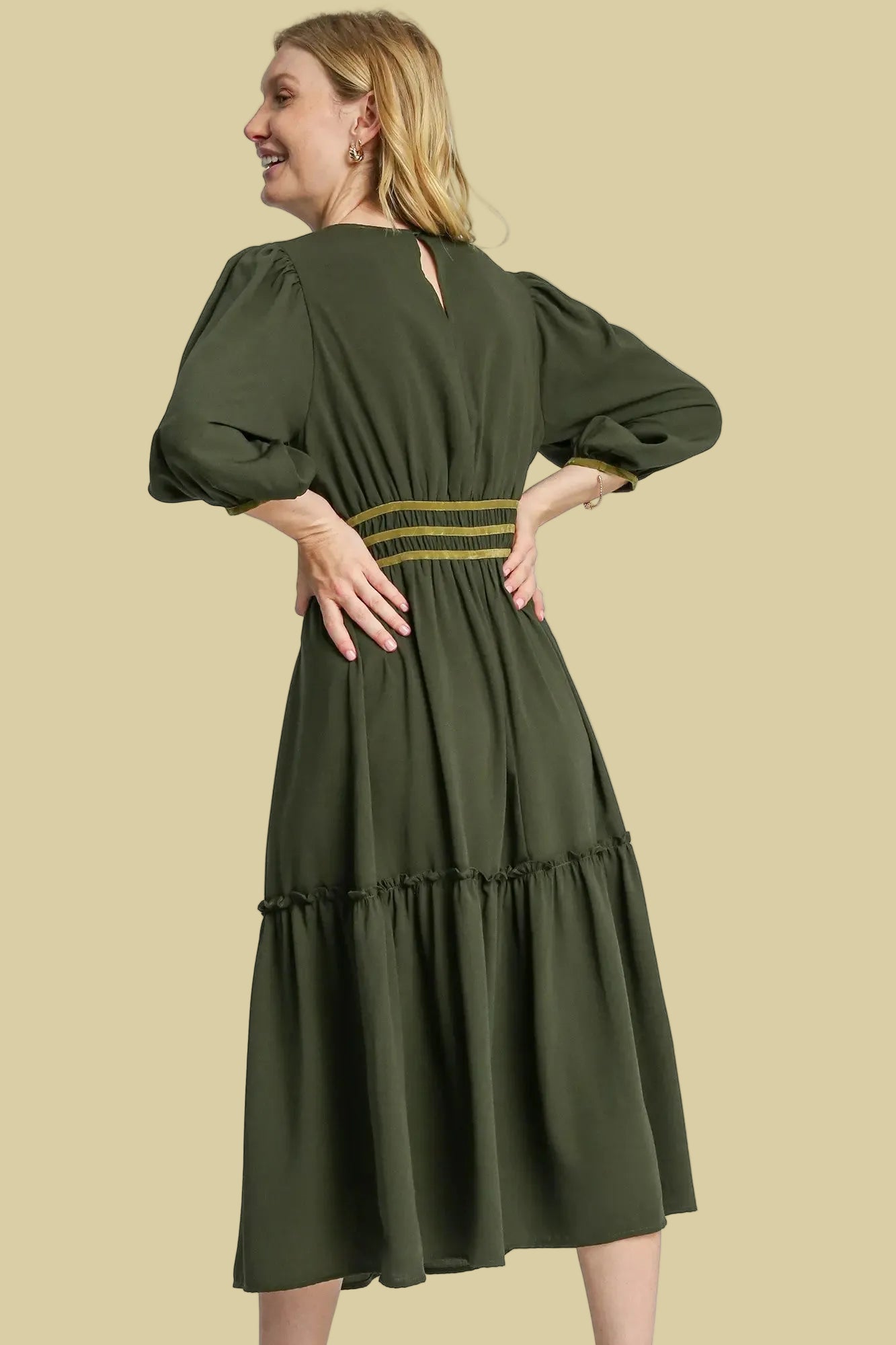 Velvet Detail Midi Dress - Olive