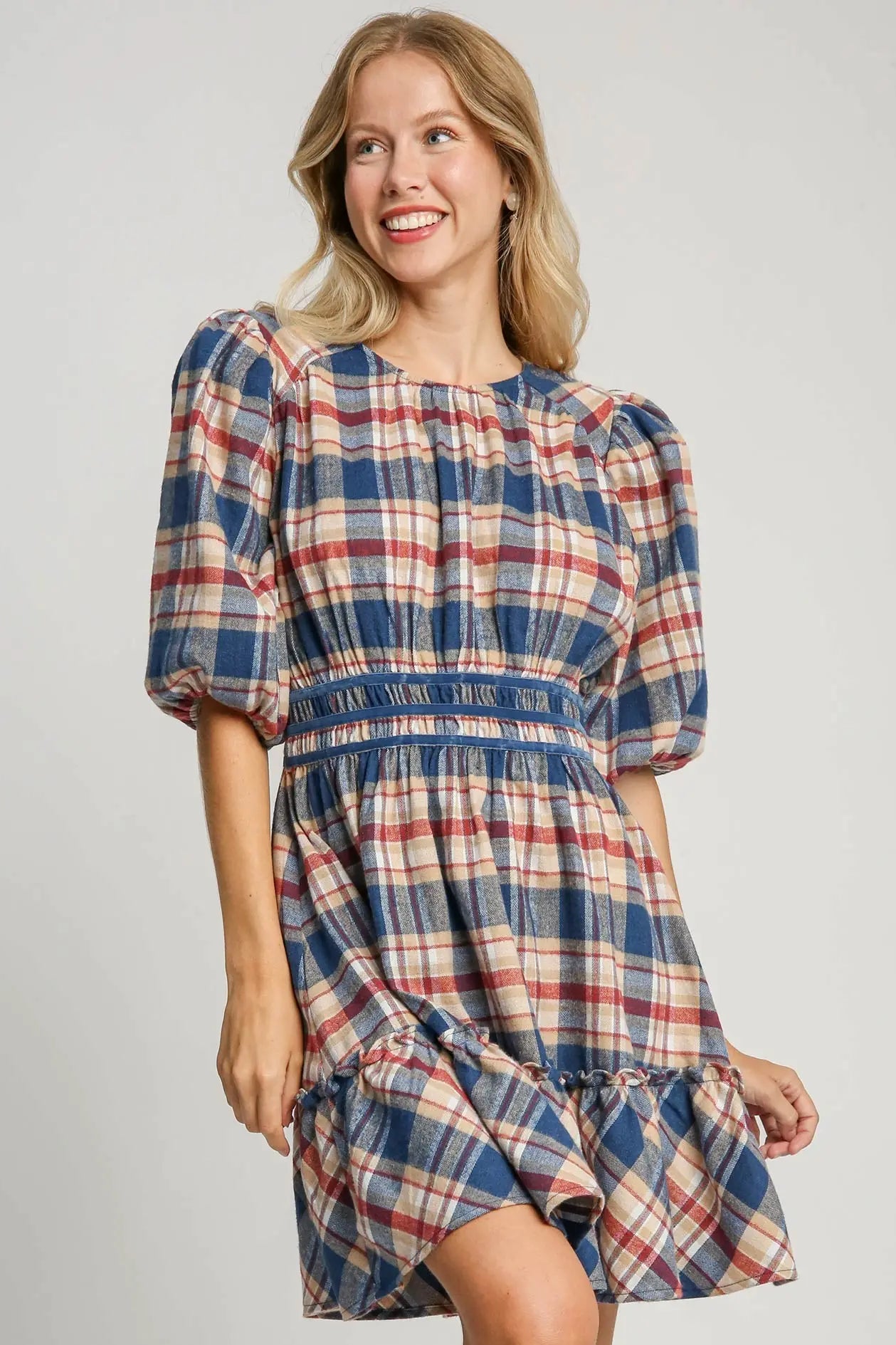 Round Neck Plaid Dress - Navy