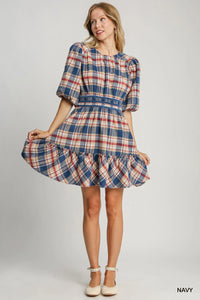 Round Neck Plaid Dress - Navy