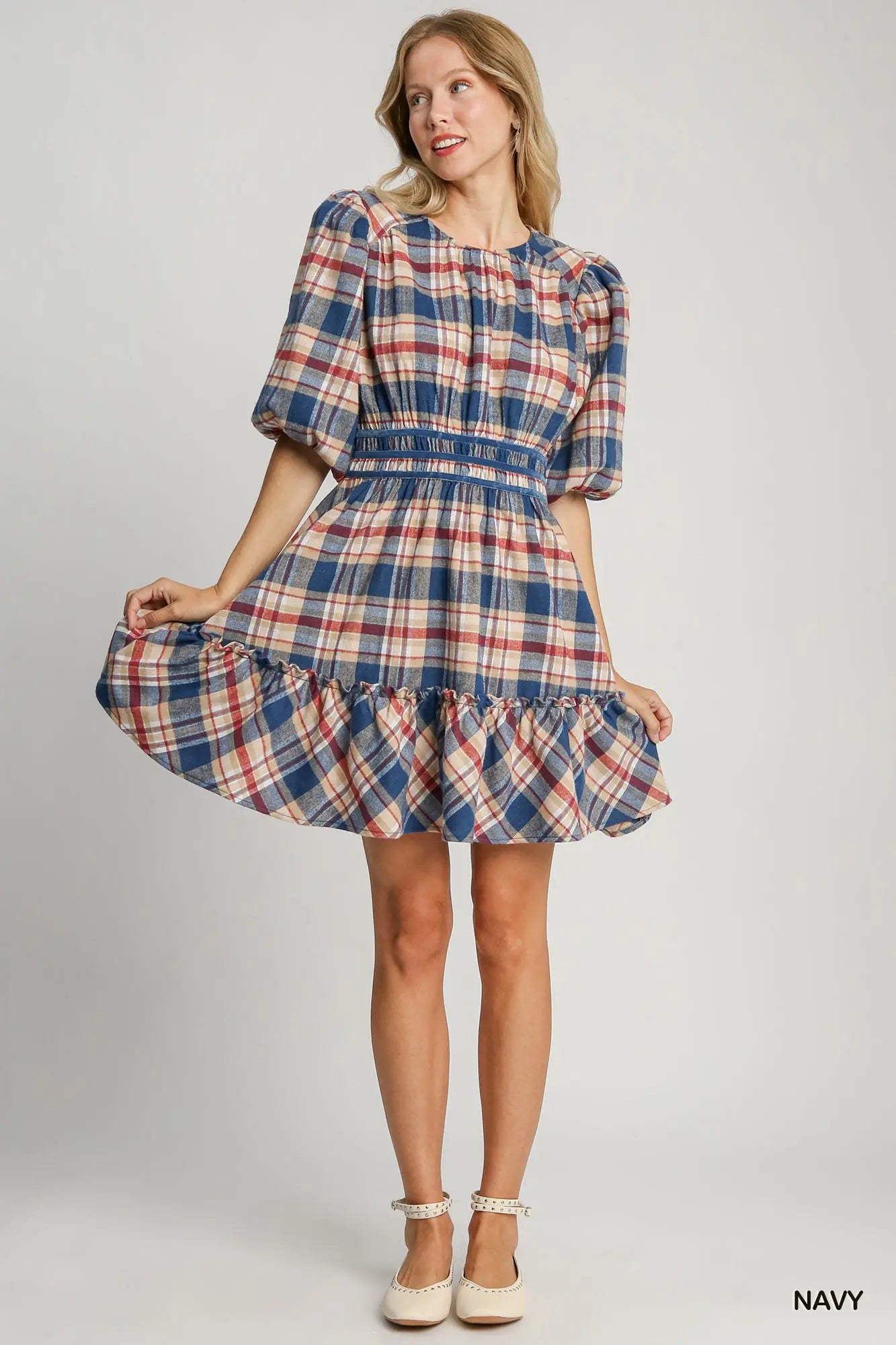 Round Neck Plaid Dress - Navy