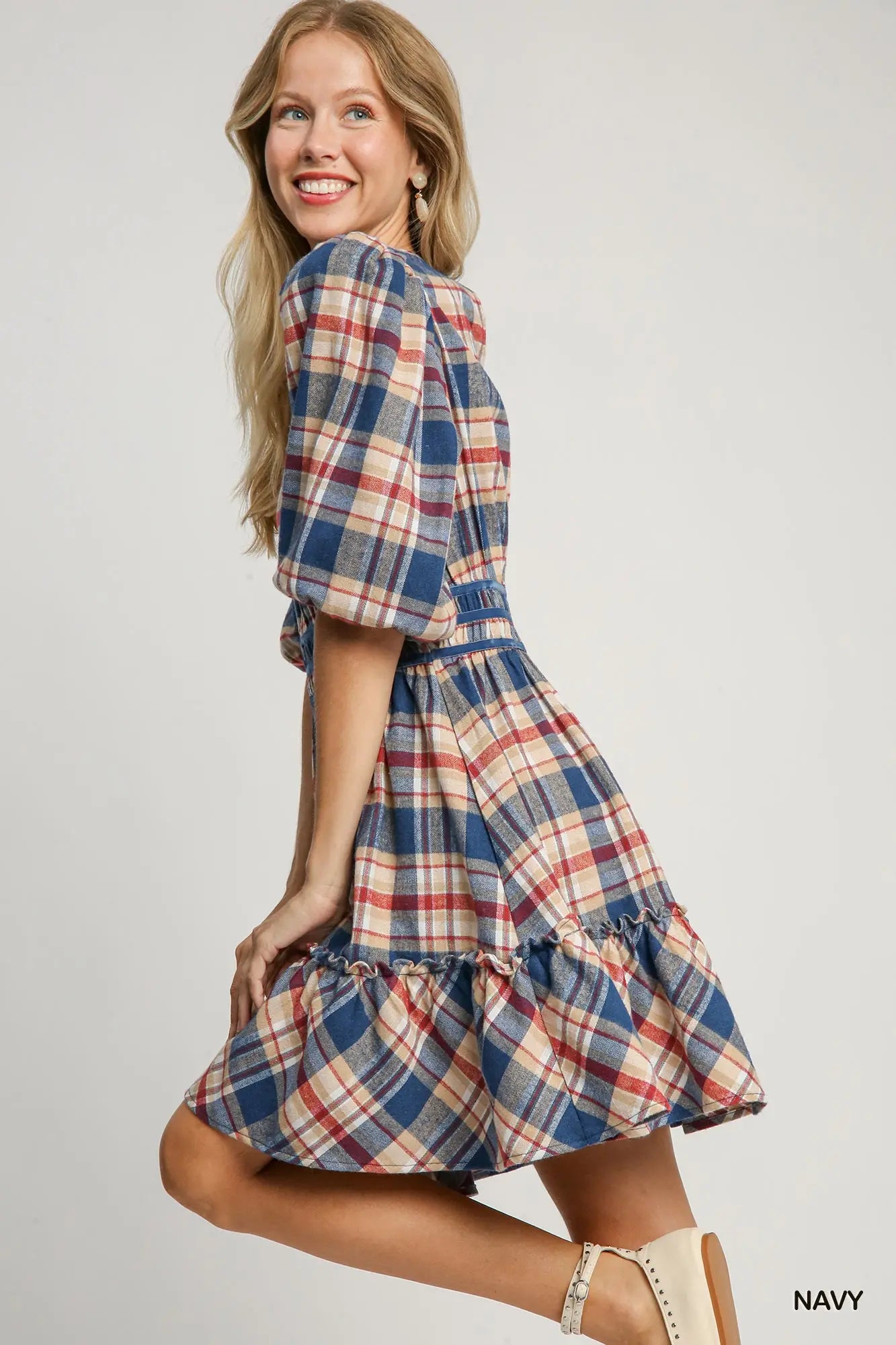 Round Neck Plaid Dress - Navy