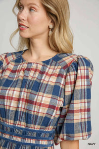 Round Neck Plaid Dress - Navy