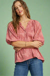 Floral Burnout Split Neck Top - Rose