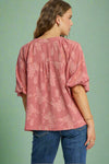 Floral Burnout Split Neck Top - Rose