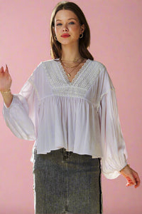 V-neck Lace Balloon Sleeve Blouse