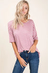 Casual Short Sleeve Stripe Top - Mauve