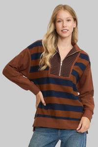 Striped Half Zip Up Top - Navy