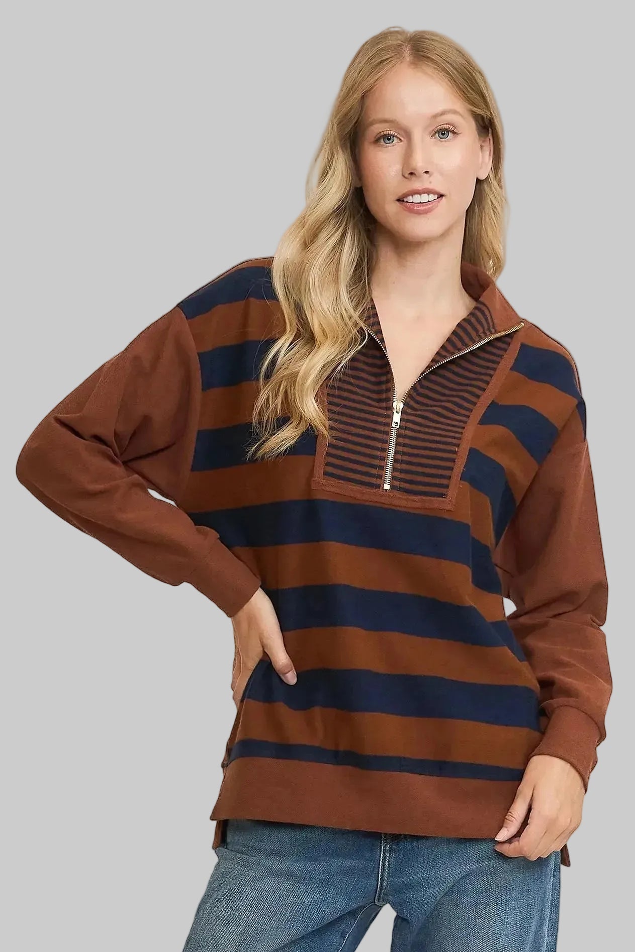 Striped Half Zip Up Top - Navy